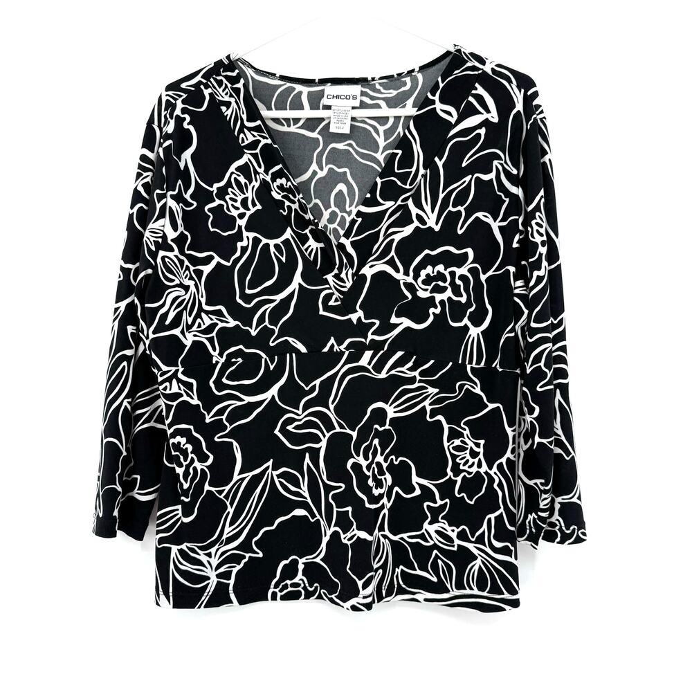 Chico's Size 2‎ XL Long Sleeve Blouse Top Shirt Black White Wrap Bodice Floral